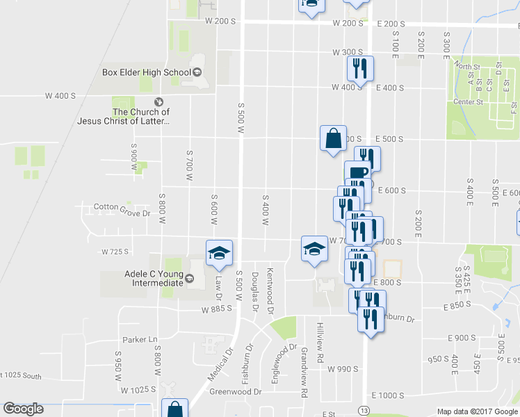 map of restaurants, bars, coffee shops, grocery stores, and more near 648 South 400 West in Brigham City