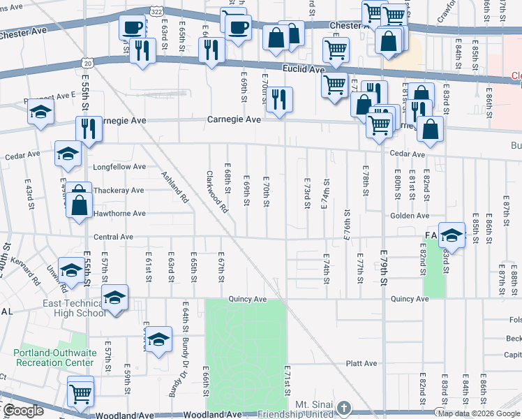 map of restaurants, bars, coffee shops, grocery stores, and more near 2254 East 70th Street in Cleveland