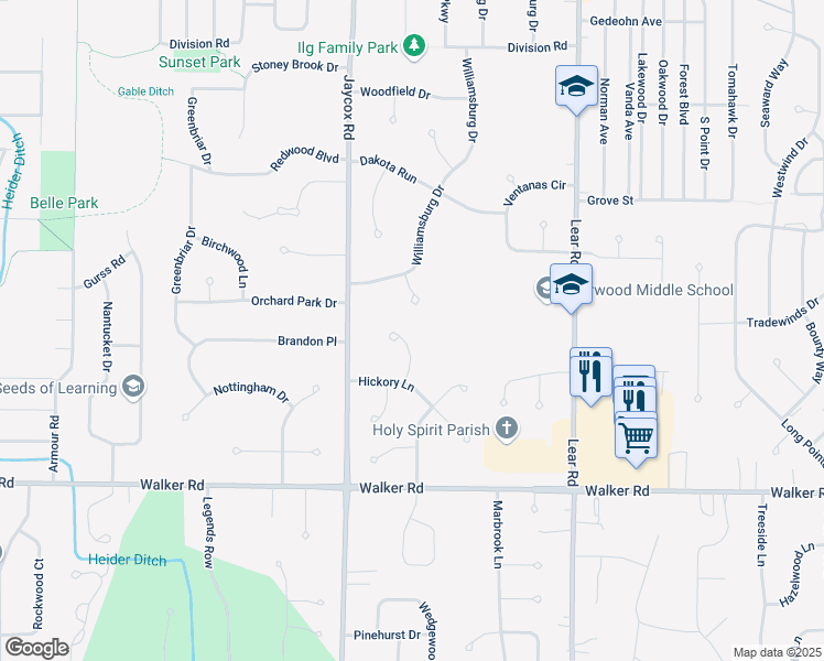 map of restaurants, bars, coffee shops, grocery stores, and more near 379 Sycamore Circle in Avon Lake