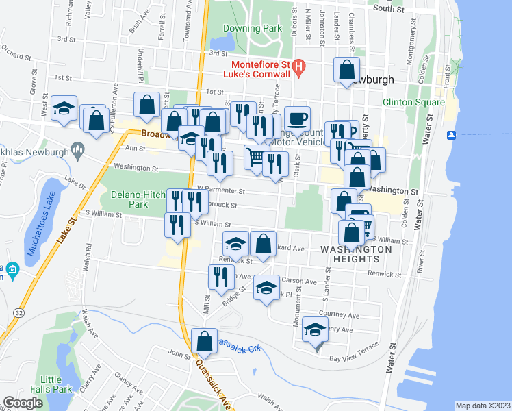 map of restaurants, bars, coffee shops, grocery stores, and more near 30 Hasbrouck Street in Newburgh