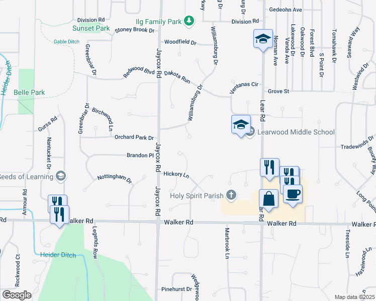 map of restaurants, bars, coffee shops, grocery stores, and more near 379 Sycamore Cir in Avon Lake