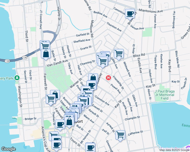 map of restaurants, bars, coffee shops, grocery stores, and more near 6 Newport Avenue in Newport