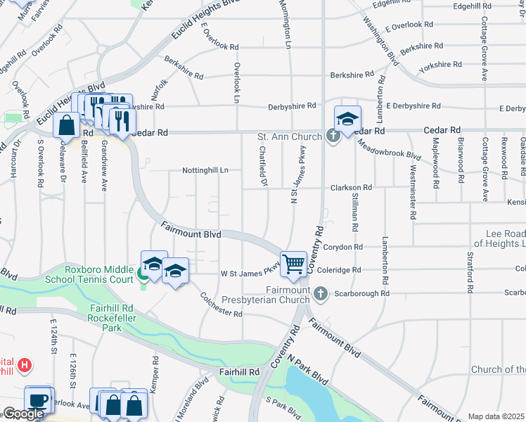map of restaurants, bars, coffee shops, grocery stores, and more near 2276 Chatfield Drive in Cleveland Heights