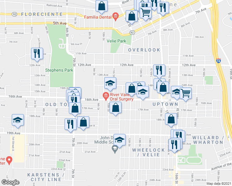 map of restaurants, bars, coffee shops, grocery stores, and more near 1426 11th St in Moline