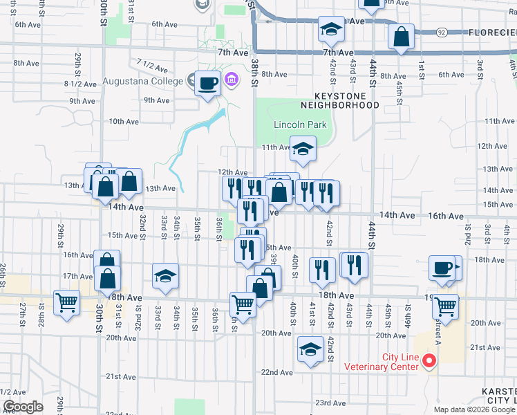 map of restaurants, bars, coffee shops, grocery stores, and more near 3801 14th Avenue in Rock Island