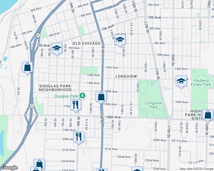 map of restaurants, bars, coffee shops, grocery stores, and more near 1406 11 1/2 Street in Rock Island