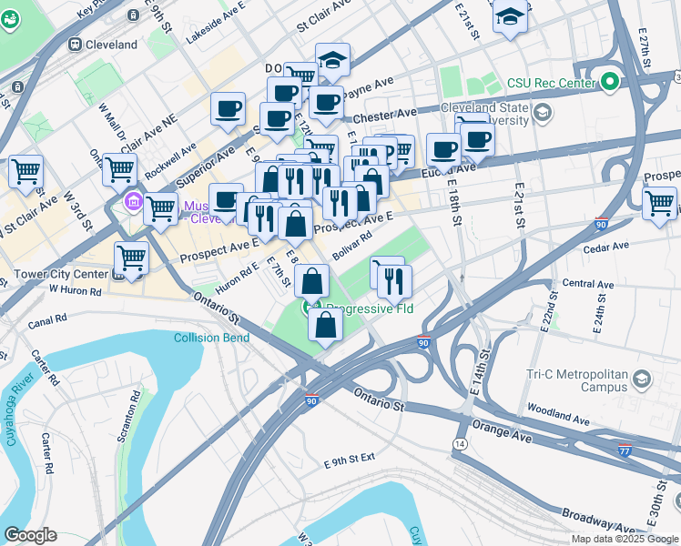 map of restaurants, bars, coffee shops, grocery stores, and more near 2301 East 9th Street in Cleveland