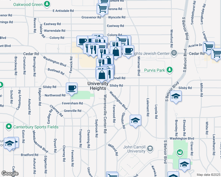 map of restaurants, bars, coffee shops, grocery stores, and more near 4009 Washington Boulevard in University Heights
