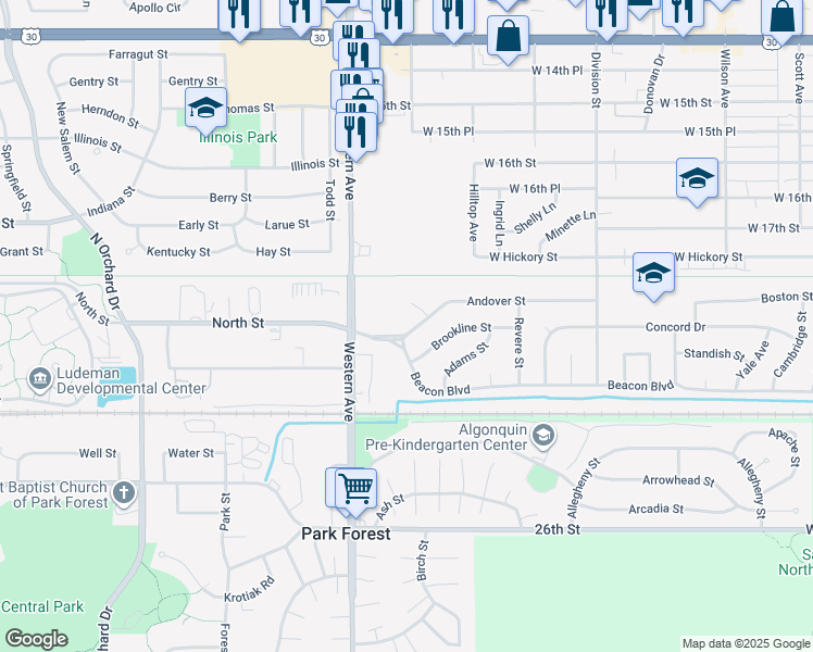map of restaurants, bars, coffee shops, grocery stores, and more near 631 Andover Street in Chicago Heights