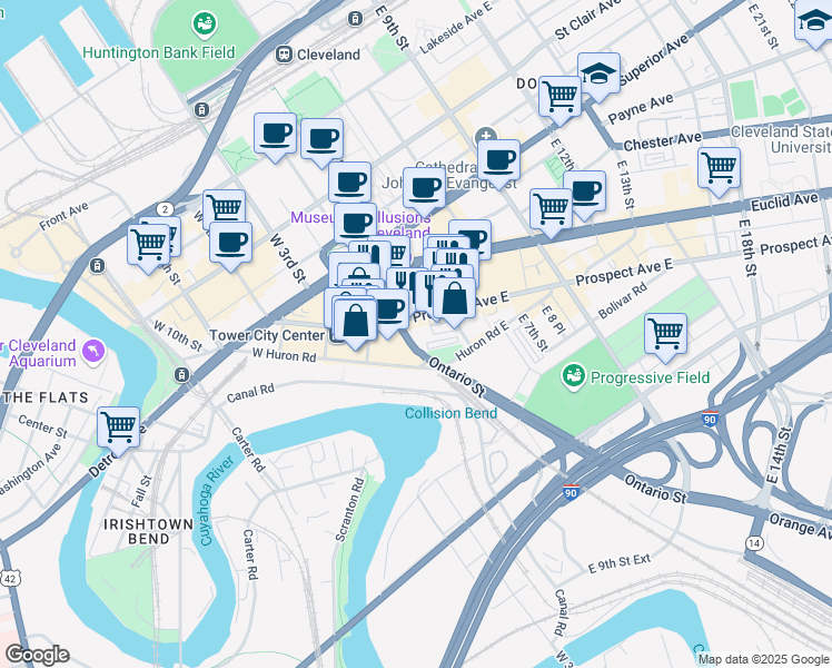 map of restaurants, bars, coffee shops, grocery stores, and more near 2103 Ontario Street in Cleveland