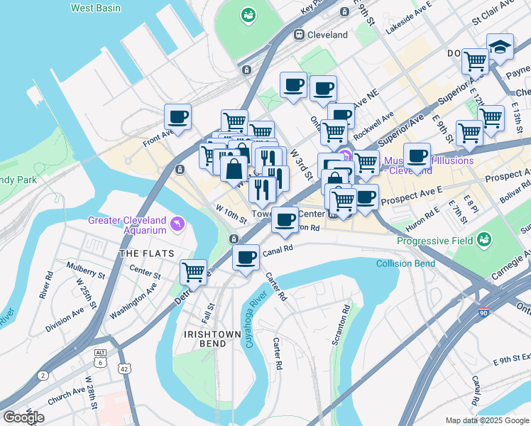 map of restaurants, bars, coffee shops, grocery stores, and more near 740 West Superior Avenue in Cleveland