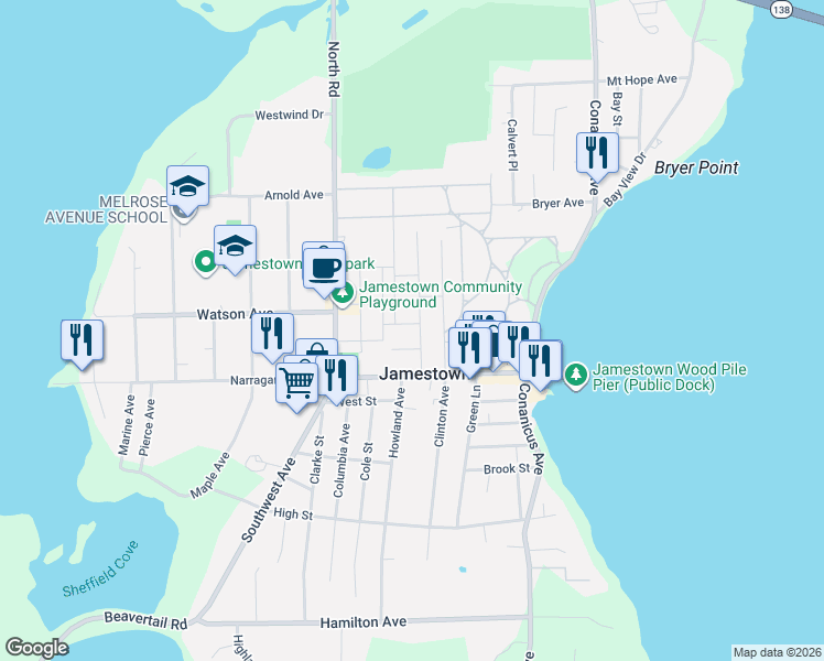 map of restaurants, bars, coffee shops, grocery stores, and more near 21 Grinnell Street in Jamestown