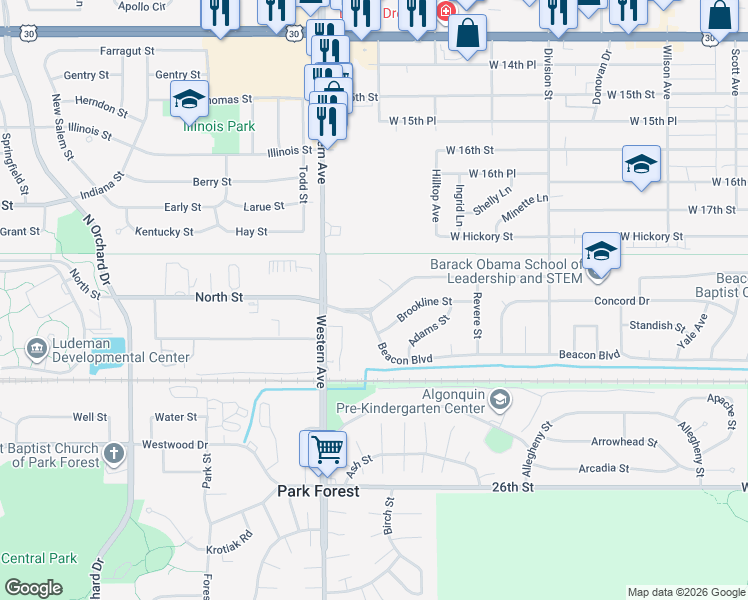 map of restaurants, bars, coffee shops, grocery stores, and more near 631 Andover Street in Chicago Heights