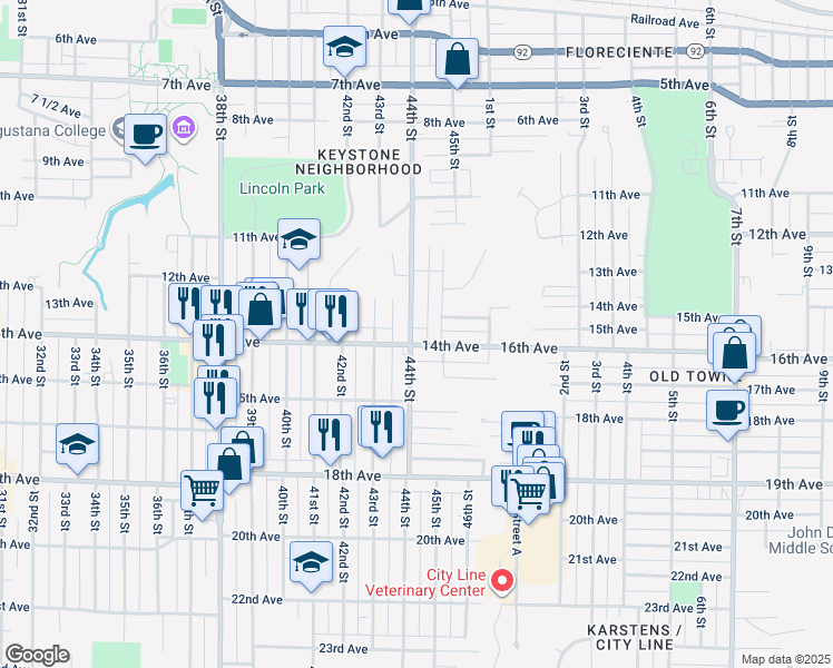 map of restaurants, bars, coffee shops, grocery stores, and more near 1335 44th Street in Rock Island