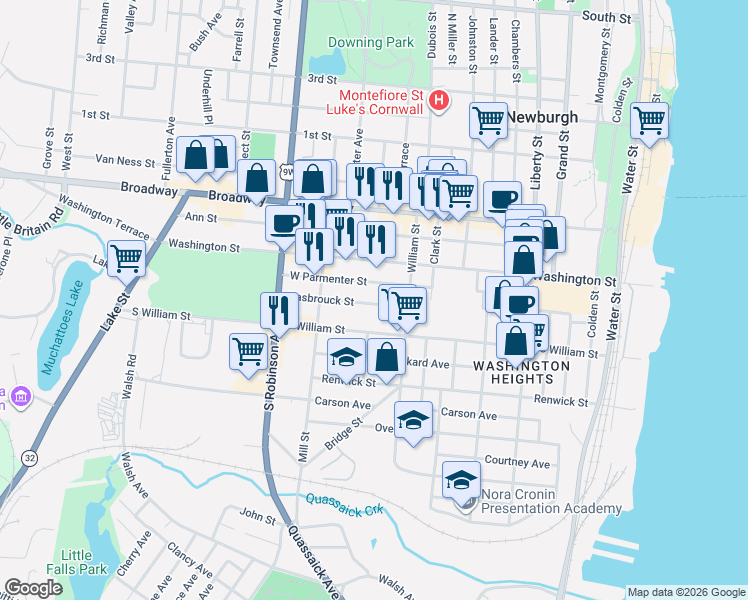 map of restaurants, bars, coffee shops, grocery stores, and more near 32 Hasbrouck Street in Newburgh