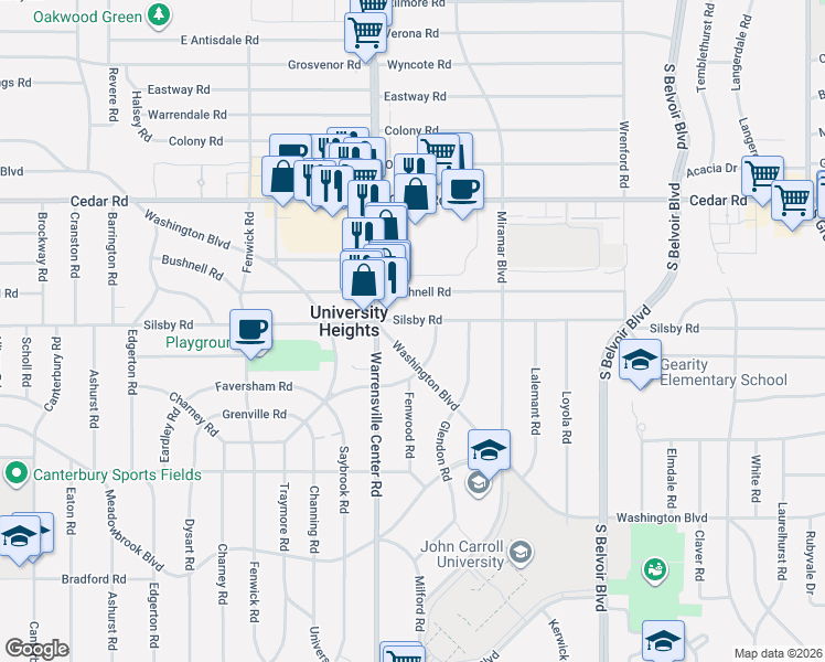 map of restaurants, bars, coffee shops, grocery stores, and more near 4009 Washington Boulevard in University Heights
