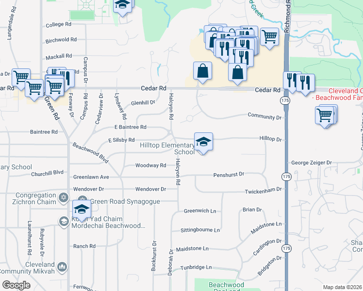 map of restaurants, bars, coffee shops, grocery stores, and more near 2255 Halcyon Road in Beachwood