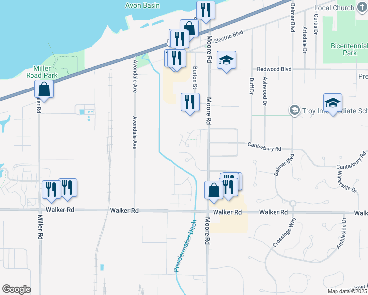 map of restaurants, bars, coffee shops, grocery stores, and more near 216 Moore Road in Avon Lake