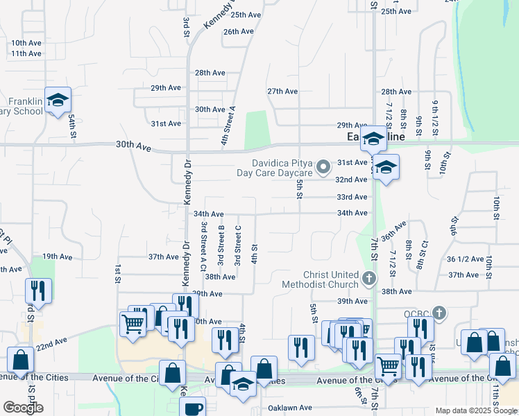 map of restaurants, bars, coffee shops, grocery stores, and more near 3346 4th Street in East Moline