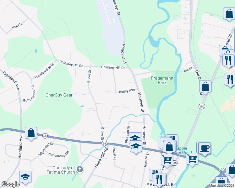 map of restaurants, bars, coffee shops, grocery stores, and more near 18 Bailey Avenue in Wallingford