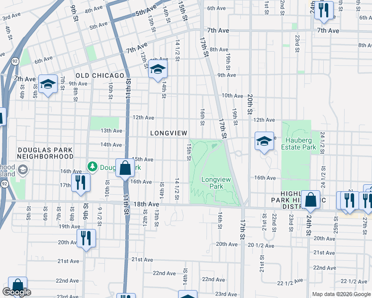 map of restaurants, bars, coffee shops, grocery stores, and more near 1320 15th Street in Rock Island