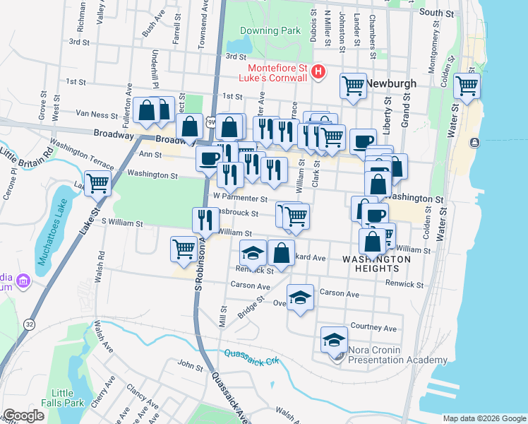 map of restaurants, bars, coffee shops, grocery stores, and more near 30 Hasbrouck Street in Newburgh