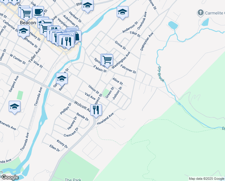 map of restaurants, bars, coffee shops, grocery stores, and more near 10 Green Street in Beacon