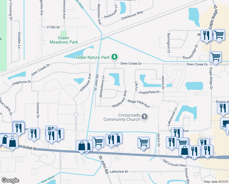 map of restaurants, bars, coffee shops, grocery stores, and more near 1329 Silver Fern Lane in Schererville