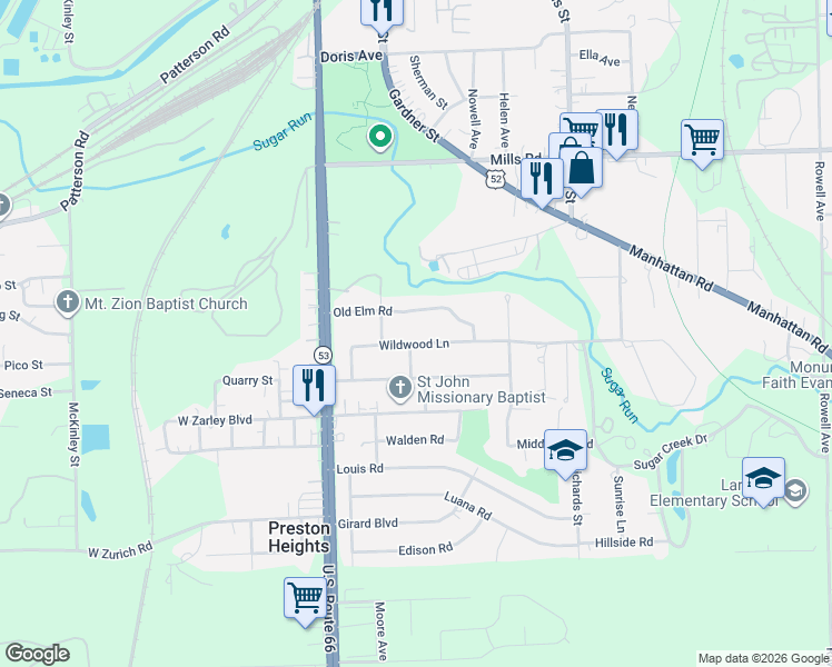 map of restaurants, bars, coffee shops, grocery stores, and more near 107 Wildwood Lane in Joliet