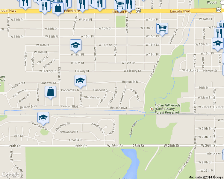 map of restaurants, bars, coffee shops, grocery stores, and more near 305 Concord Drive in Chicago Heights