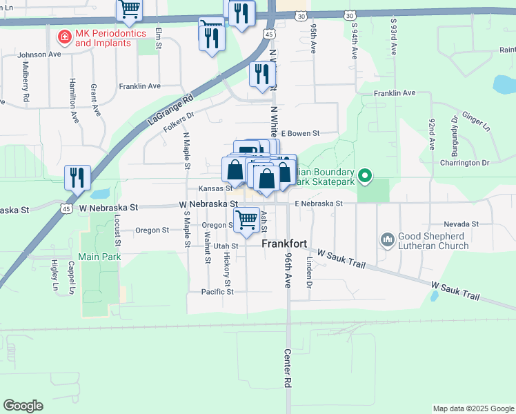 map of restaurants, bars, coffee shops, grocery stores, and more near 28 West Nebraska Street in Frankfort