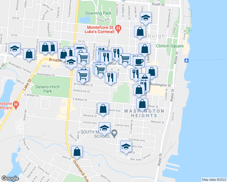 map of restaurants, bars, coffee shops, grocery stores, and more near 62 Clark Street in Newburgh