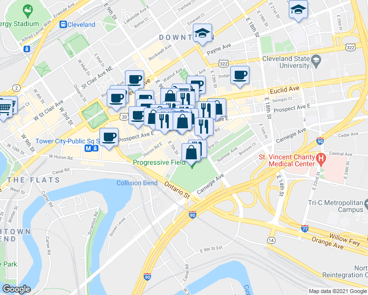 map of restaurants, bars, coffee shops, grocery stores, and more near 737 Bolivar Road in Cleveland