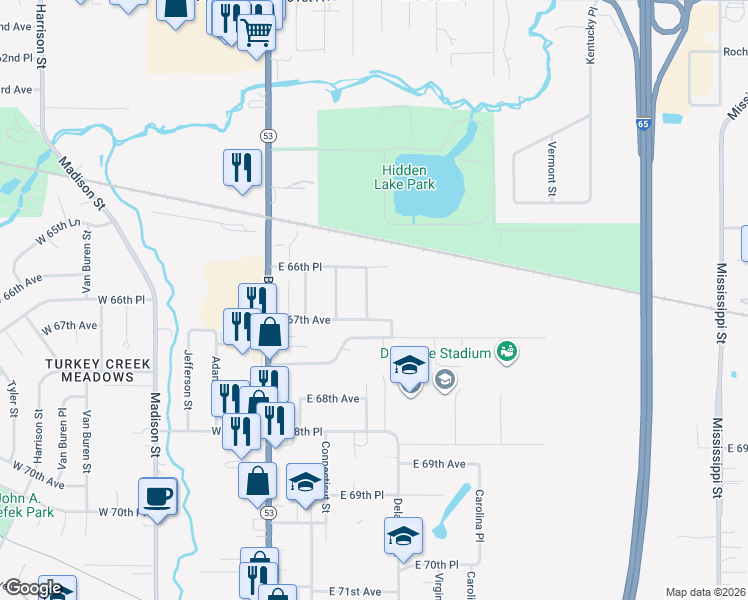 map of restaurants, bars, coffee shops, grocery stores, and more near 6679 Pennsylvania Street in Merrillville
