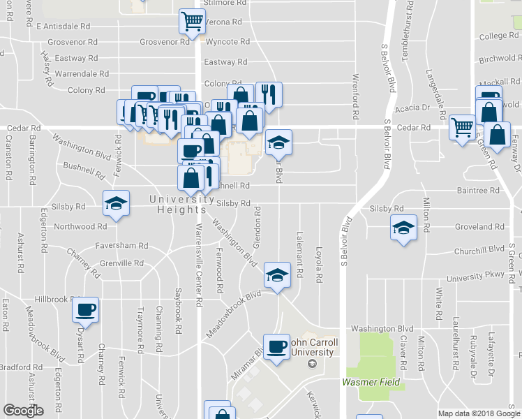 map of restaurants, bars, coffee shops, grocery stores, and more near 4098 Silsby Rd in University Heights