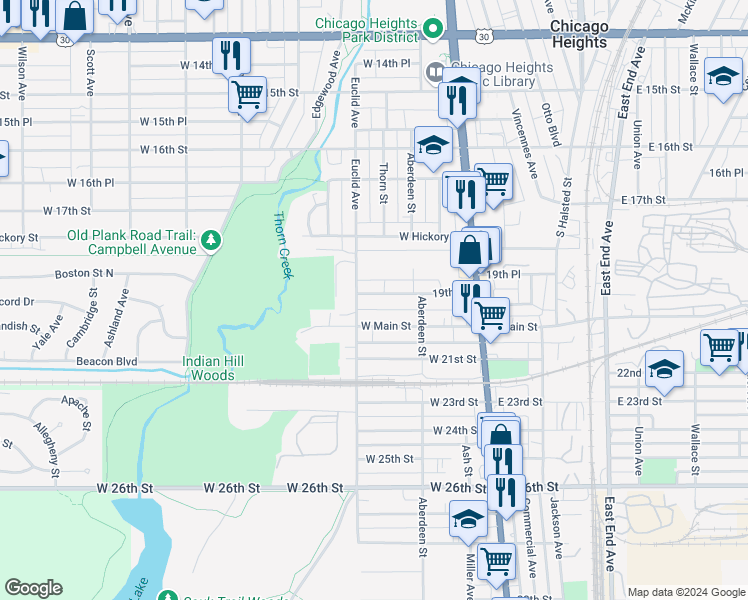 map of restaurants, bars, coffee shops, grocery stores, and more near 96 19th Street in Chicago Heights