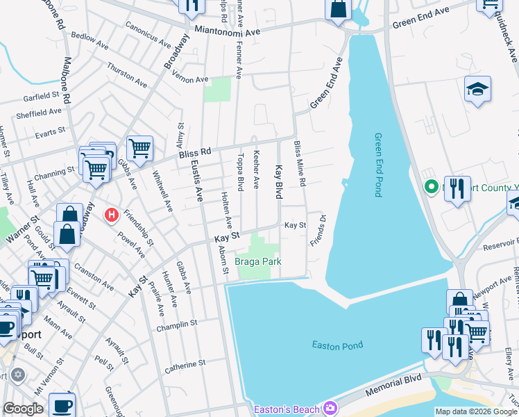 map of restaurants, bars, coffee shops, grocery stores, and more near 59 Kay Boulevard in Newport