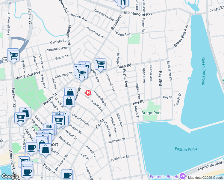 map of restaurants, bars, coffee shops, grocery stores, and more near 40 Whitwell Avenue in Newport