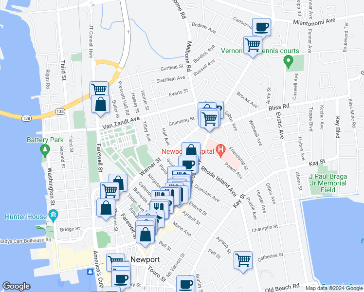 map of restaurants, bars, coffee shops, grocery stores, and more near 22 Bayview Avenue in Newport