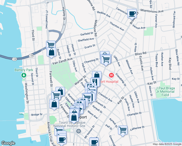 map of restaurants, bars, coffee shops, grocery stores, and more near 22 Bayview Avenue in Newport