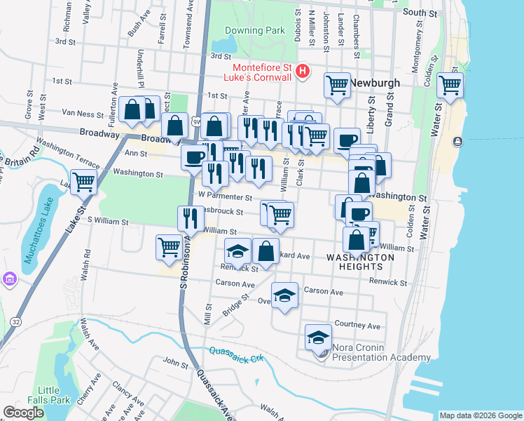 map of restaurants, bars, coffee shops, grocery stores, and more near 30 Hasbrouck Street in Newburgh