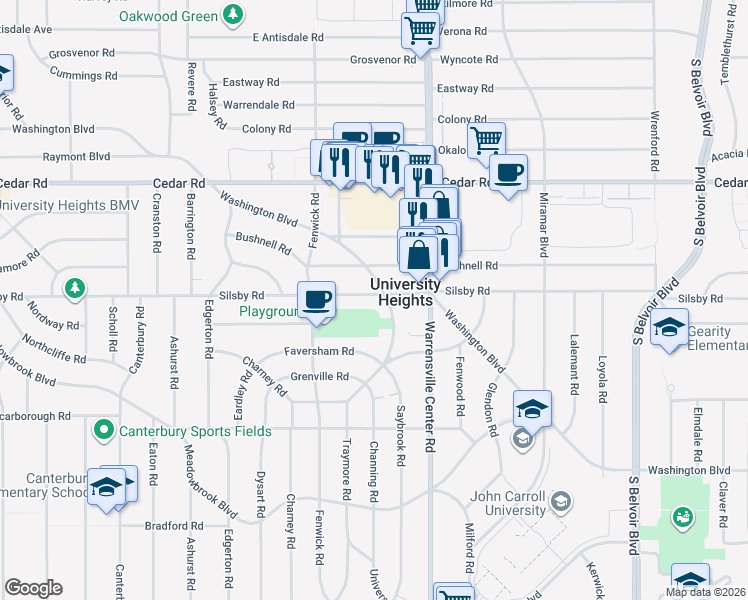 map of restaurants, bars, coffee shops, grocery stores, and more near 3934 Silsby Road in University Heights
