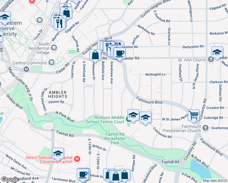map of restaurants, bars, coffee shops, grocery stores, and more near 2286 Ardleigh Drive in Cleveland Heights