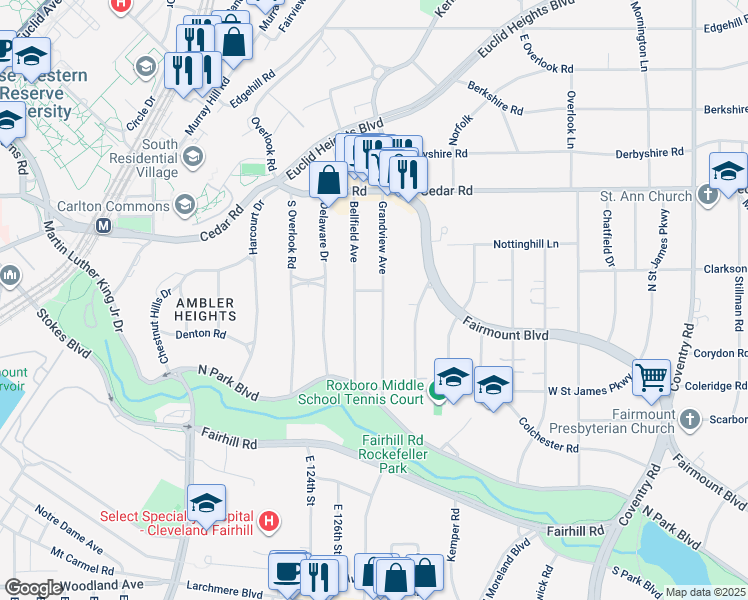 map of restaurants, bars, coffee shops, grocery stores, and more near 2272 Grandview Avenue in Cleveland Heights