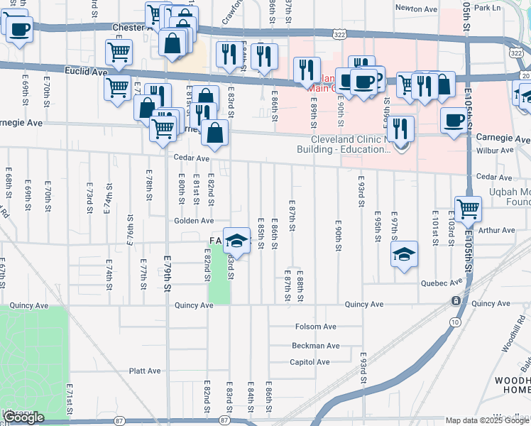 map of restaurants, bars, coffee shops, grocery stores, and more near 2232 East 86th Street in Cleveland