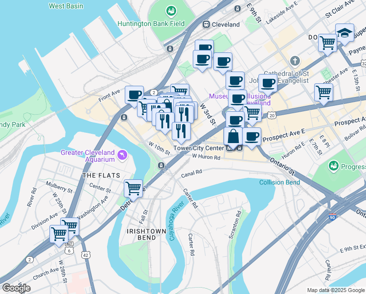 map of restaurants, bars, coffee shops, grocery stores, and more near in Cleveland