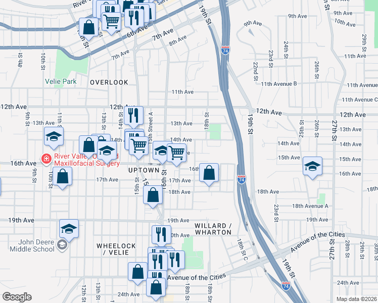 map of restaurants, bars, coffee shops, grocery stores, and more near 1715 15th Avenue in Moline