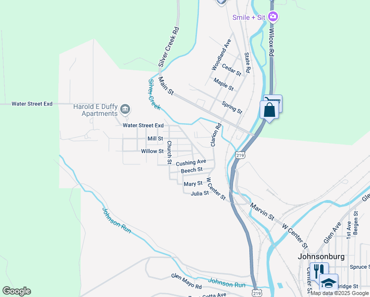 map of restaurants, bars, coffee shops, grocery stores, and more near 202 Willow St in Johnsonburg