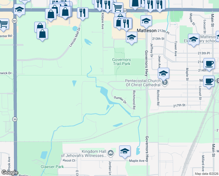 map of restaurants, bars, coffee shops, grocery stores, and more near 4213 216th Street in Matteson