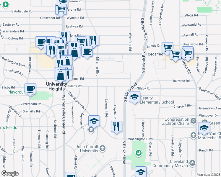 map of restaurants, bars, coffee shops, grocery stores, and more near 4182 Silsby Rd in University Heights